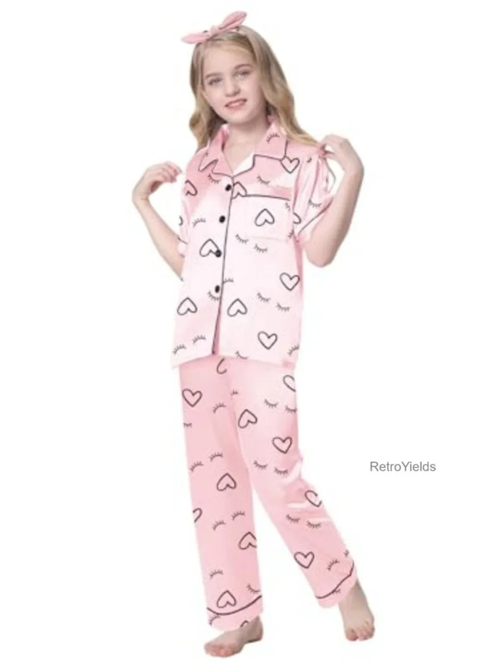 Silk Satin Girls 3 Piece Pajama Set Button Down Short Sleeve Sleepwear